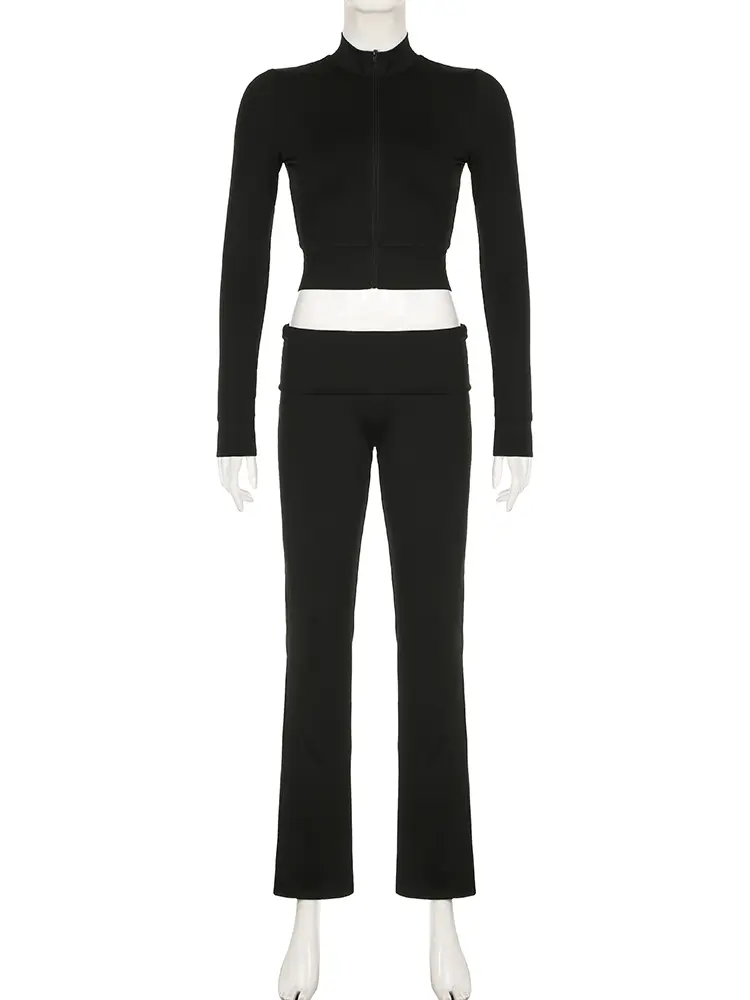 Rockmore Two Piece Set Zipper Up Crop Top Chic Low Waist Skinny Pants Suit Fashion Y2K High Stretch Outfits Women'S Tracksuit