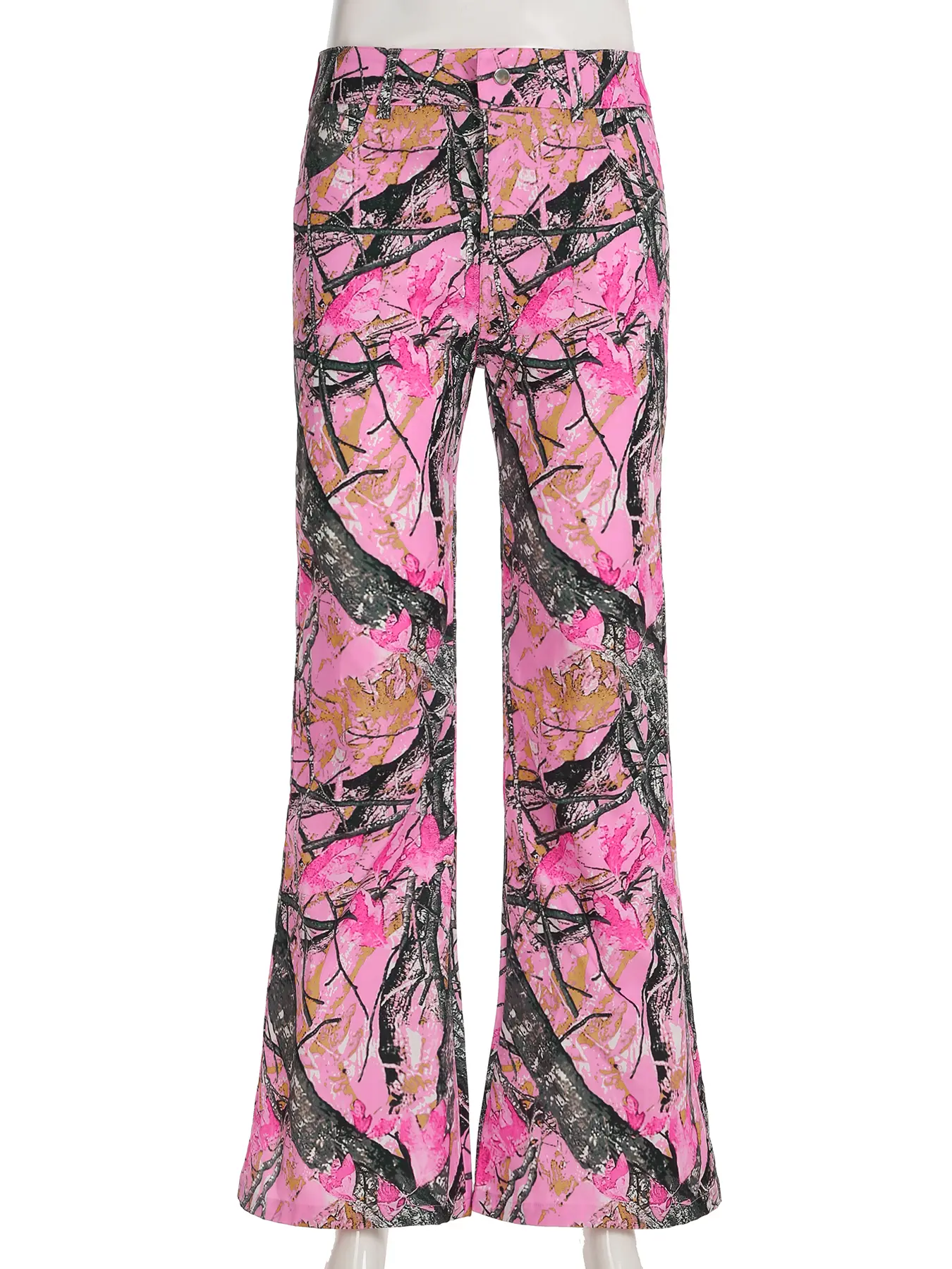 Rockmore Pink Thorn Camouflage Printed Flare Pant Casual High Street Trouser Women Y2k Clothes Autumn Aesthetic Grunge Fairycore