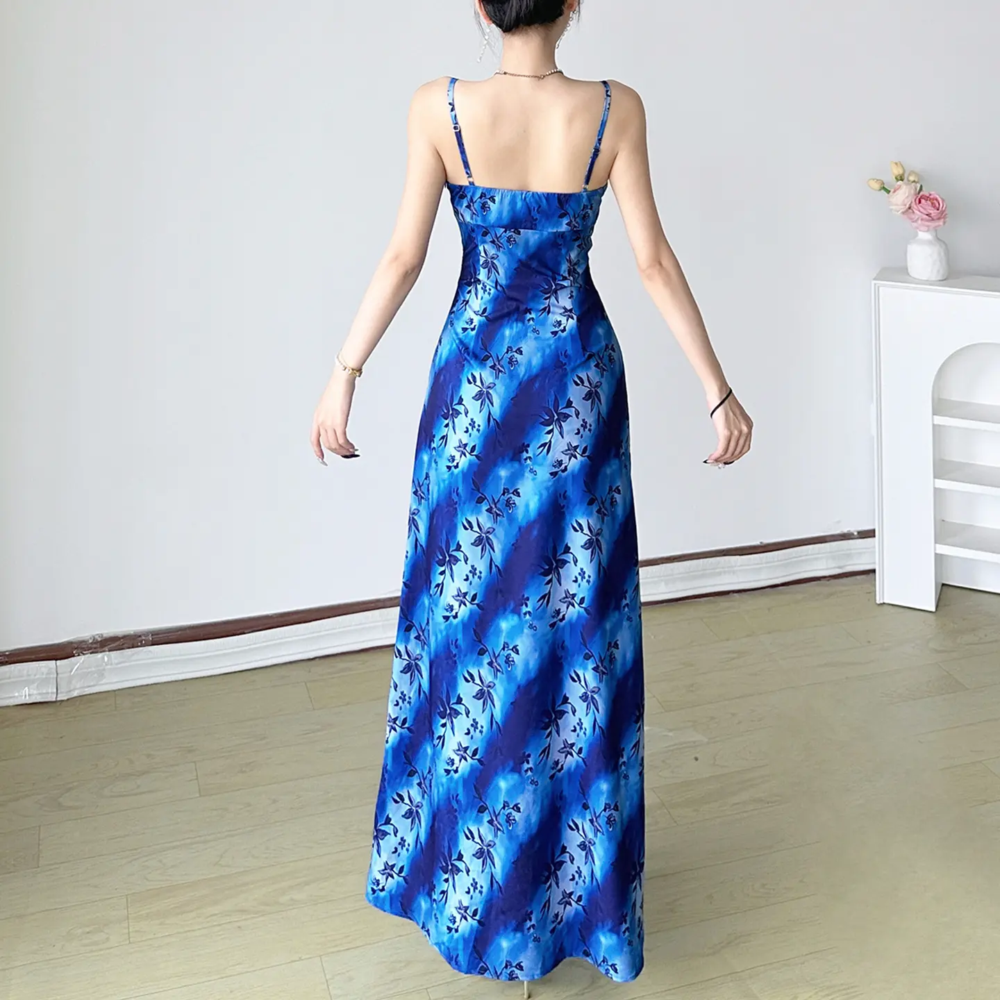 Rockmore Women'S Gradient Printed Long Dress Elegant Sleeveless V-Neck Spaghetti Straps Dress Summer Vacation Outfits
