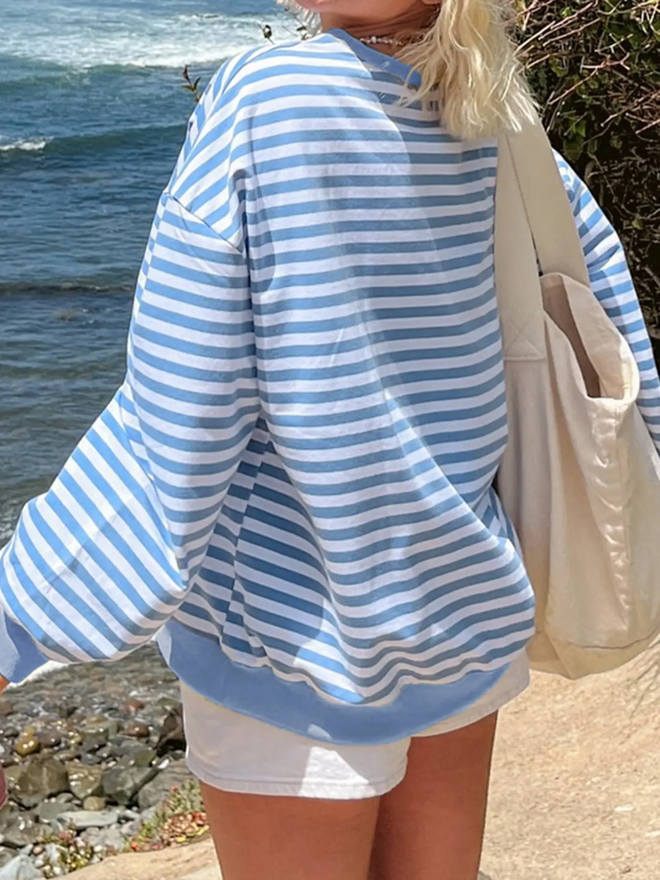 Rockmore Blue Stripe Sweatshirt for Women Harajuku Street Vintage O-neck Loose Pullovers All Match Autumn Oversized Casual Tops