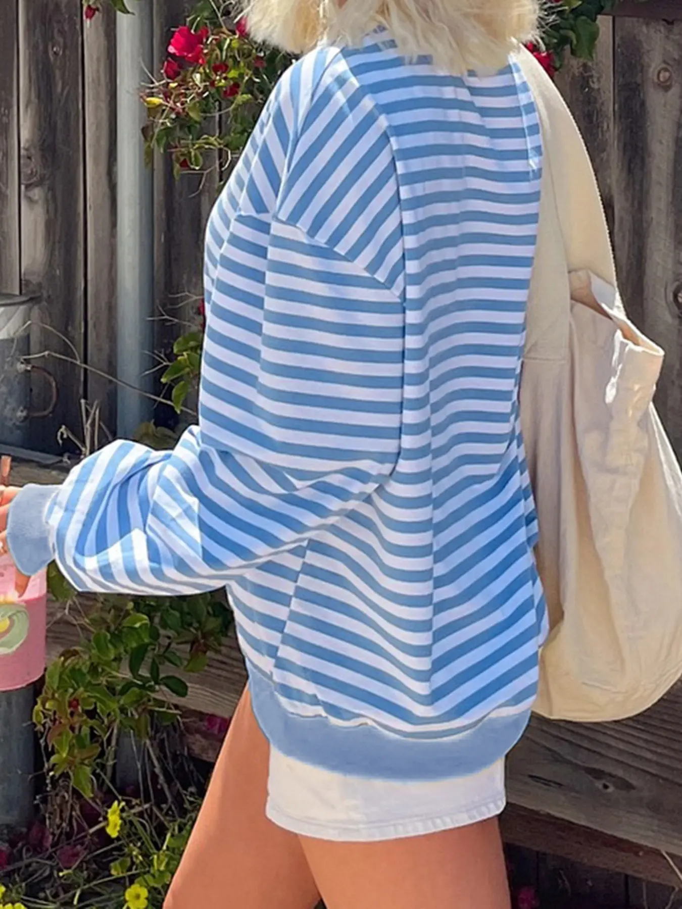 Rockmore Blue Stripe Sweatshirt for Women Harajuku Street Vintage O-neck Loose Pullovers All Match Autumn Oversized Casual Tops
