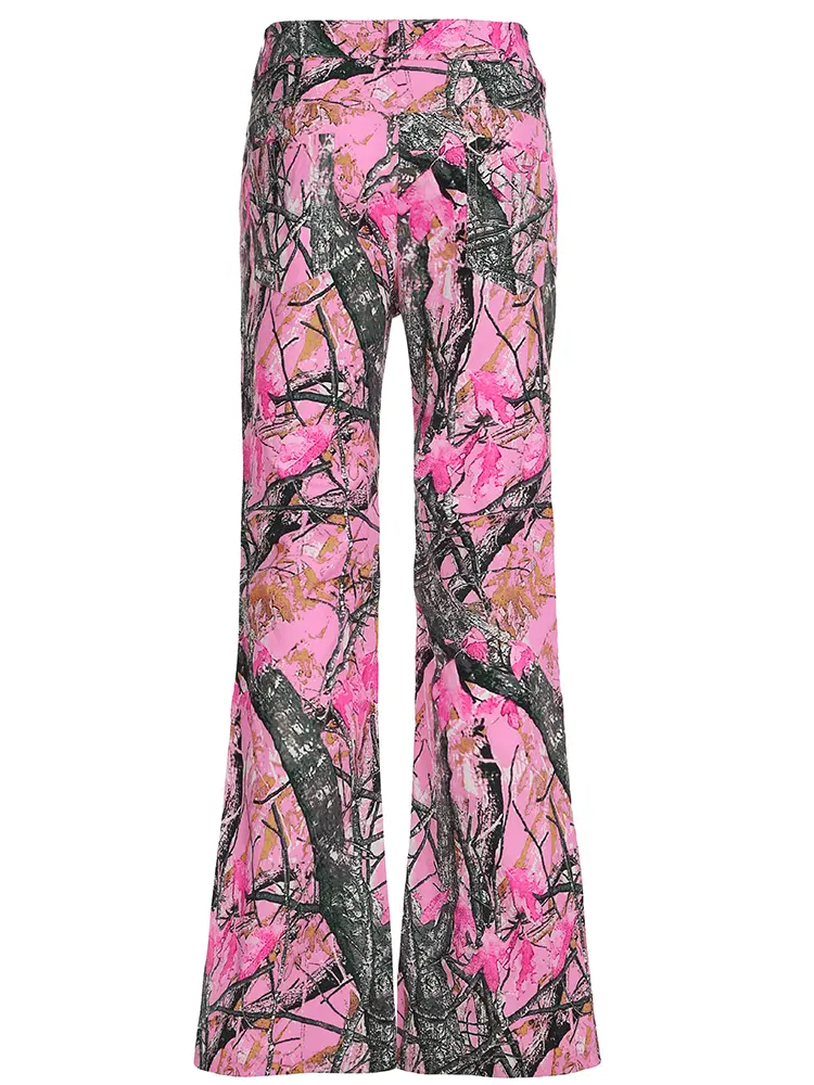 Rockmore Pink Thorn Camouflage Printed Flare Pant Casual High Street Trouser Women Y2k Clothes Autumn Aesthetic Grunge Fairycore