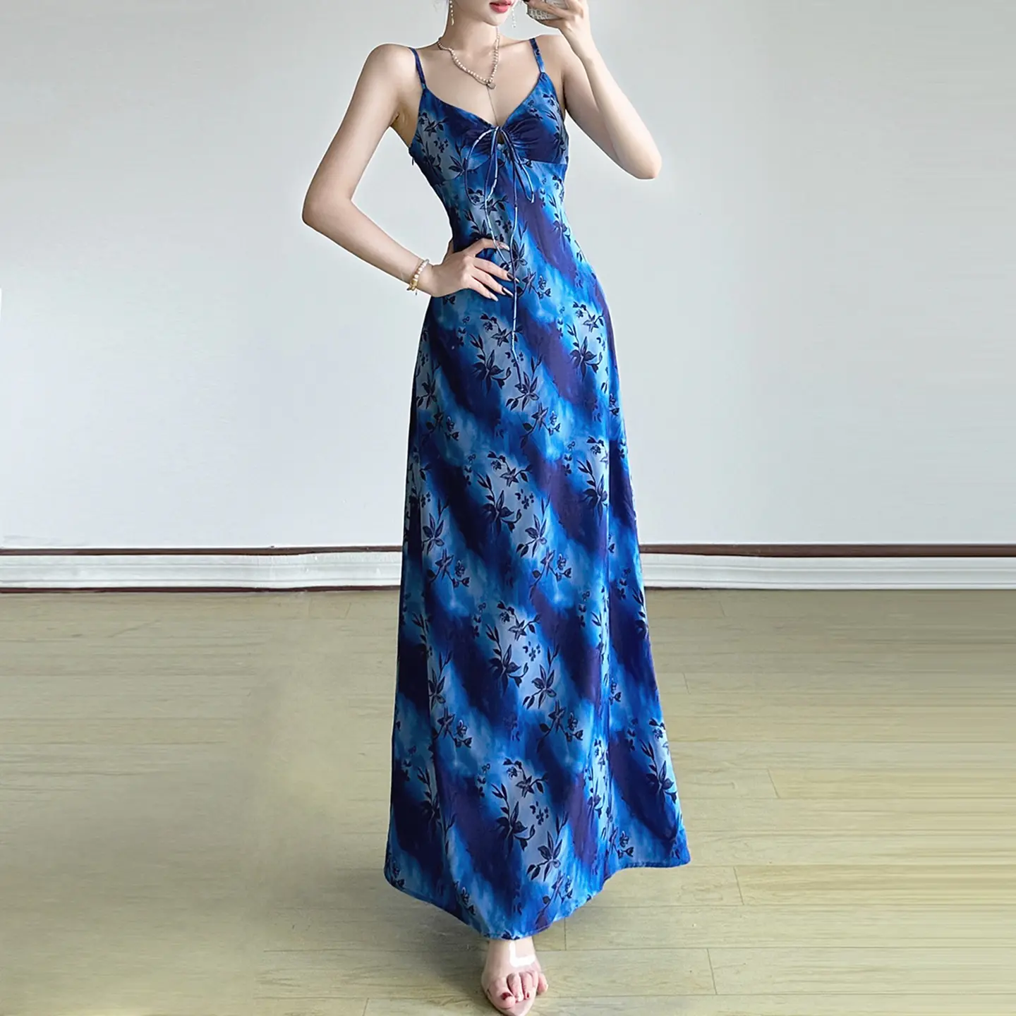 Rockmore Women'S Gradient Printed Long Dress Elegant Sleeveless V-Neck Spaghetti Straps Dress Summer Vacation Outfits