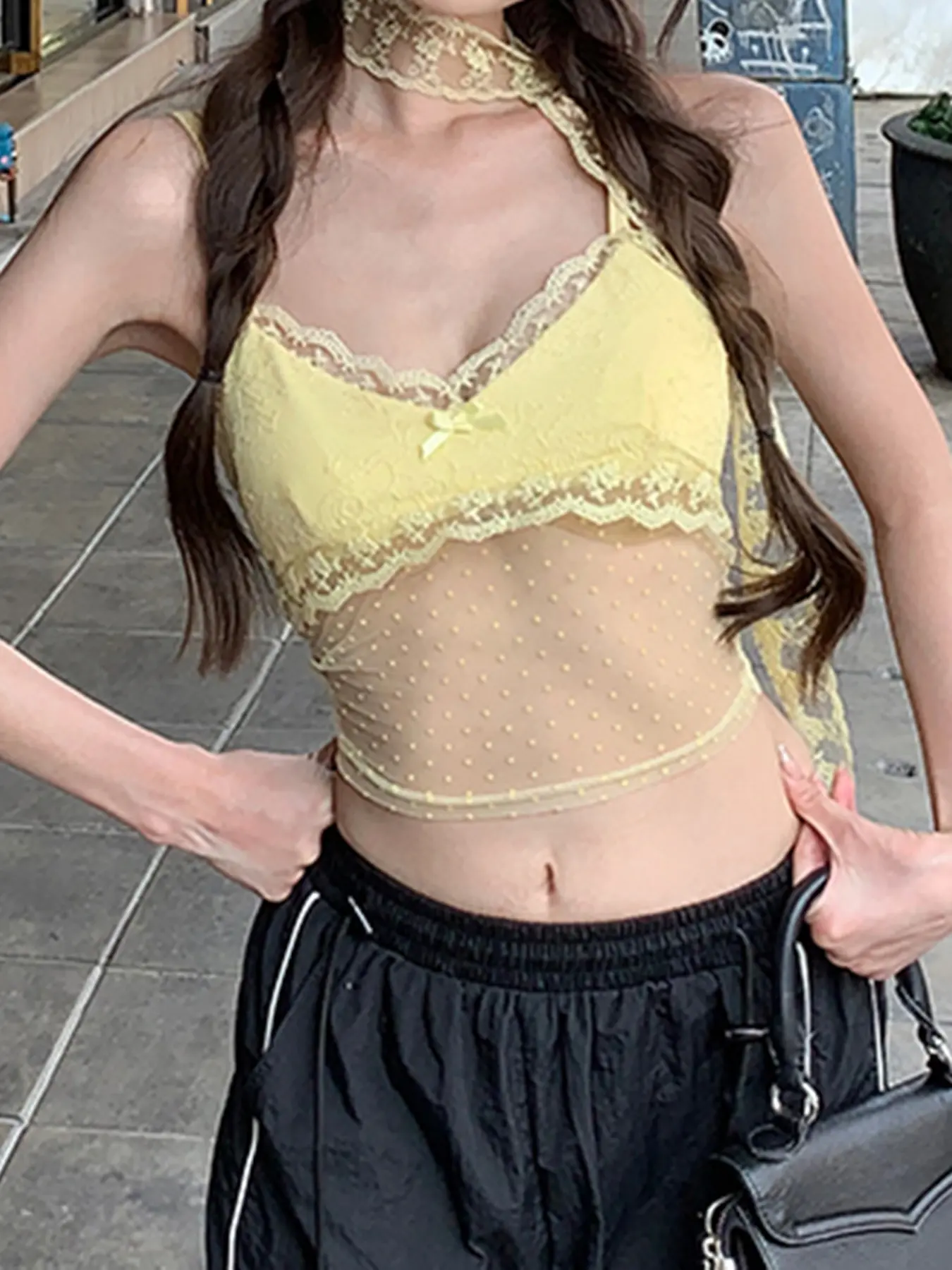 Rockmore Summer Sexy Lace Backless Tank Top Aesthetic See Through Camisoles Yellow Sweet Cute Fairycore Y2K Camis Women Clothing