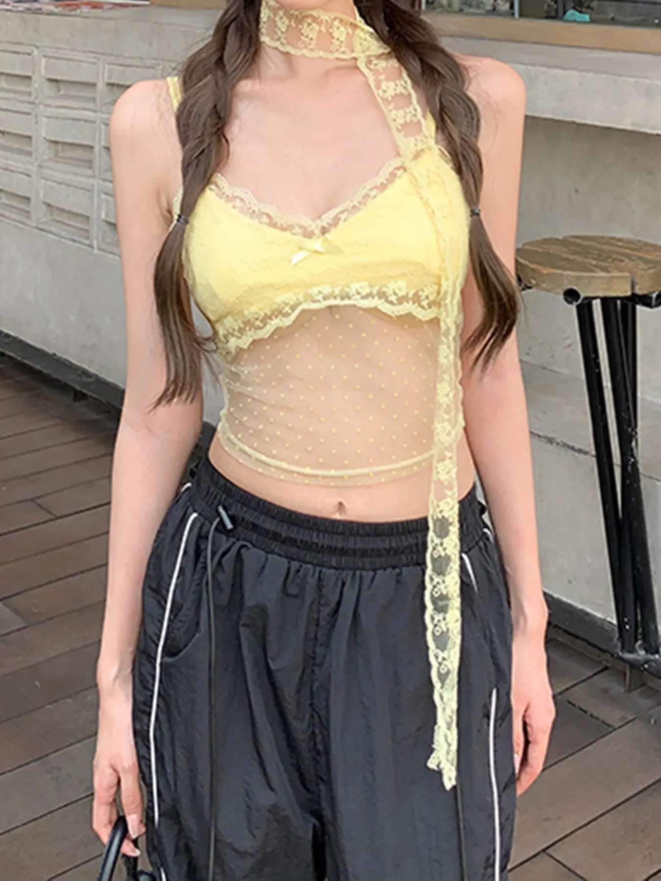 Rockmore Summer Sexy Lace Backless Tank Top Aesthetic See Through Camisoles Yellow Sweet Cute Fairycore Y2K Camis Women Clothing