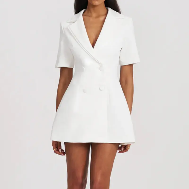 Rockmore Elegant Double-Breasted Suit Dress Women Professional Slimming Waist Design Short Sleeve A-line Dresses Summer Fashion
