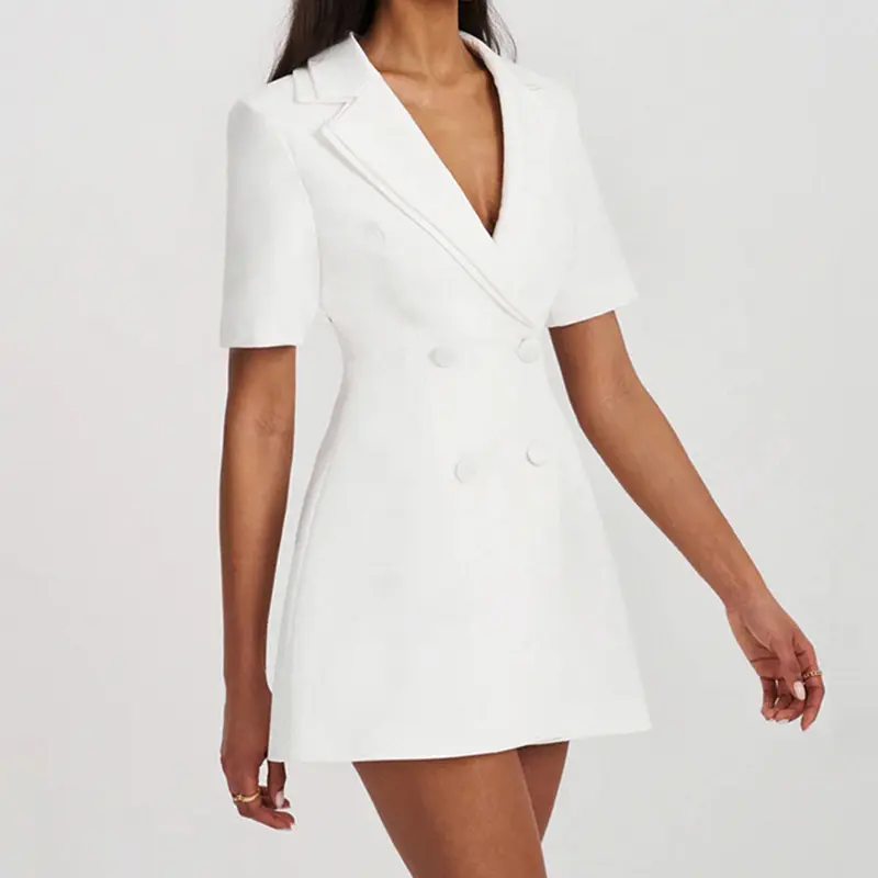 Rockmore Elegant Double-Breasted Suit Dress Women Professional Slimming Waist Design Short Sleeve A-line Dresses Summer Fashion