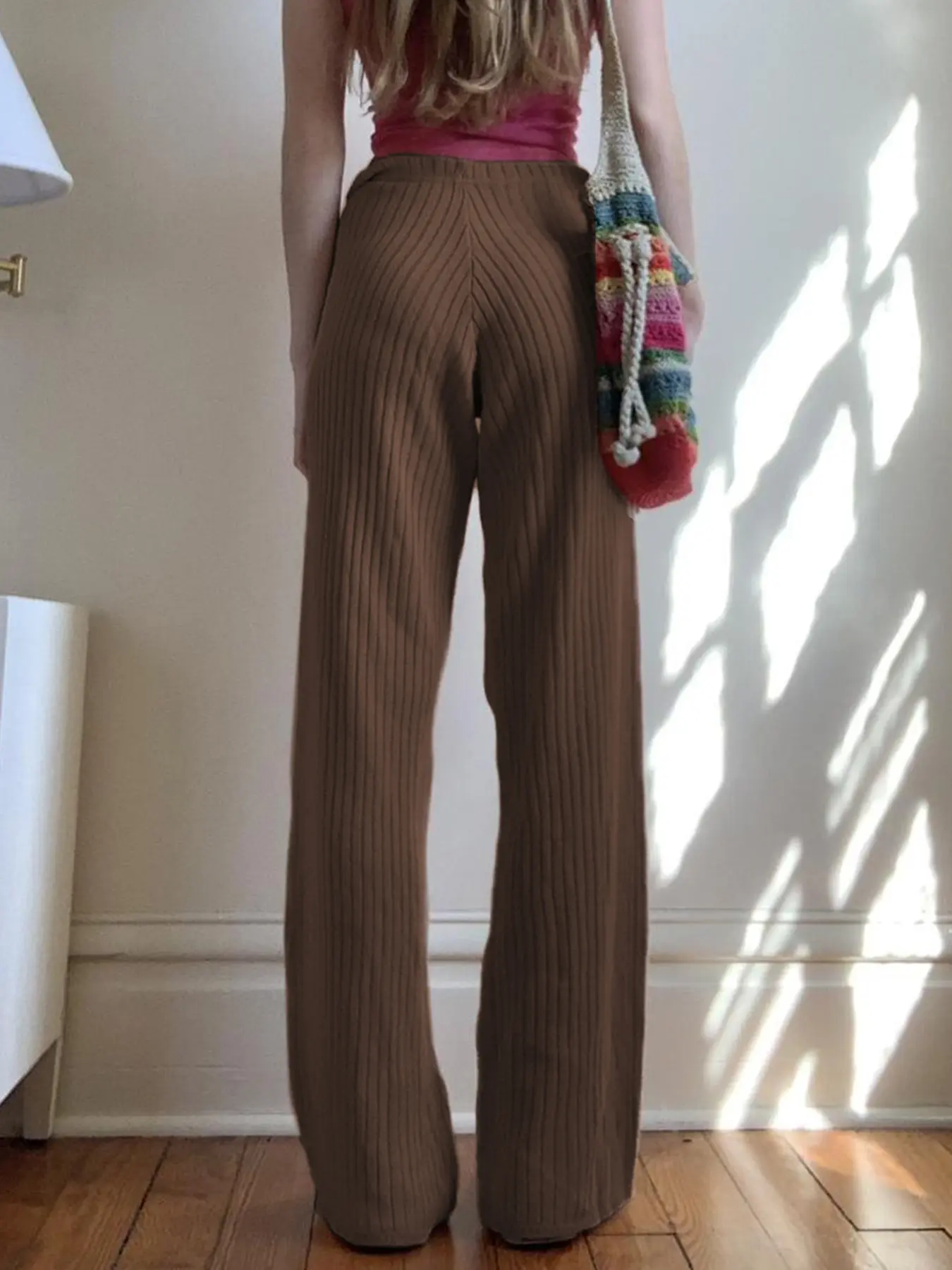 Rockmore Casual Loose Rib Knit Basic Brown Trousers Elegant Fashion Elastic Waist Solid Pant Pantsautumn Winter Women's Clothing