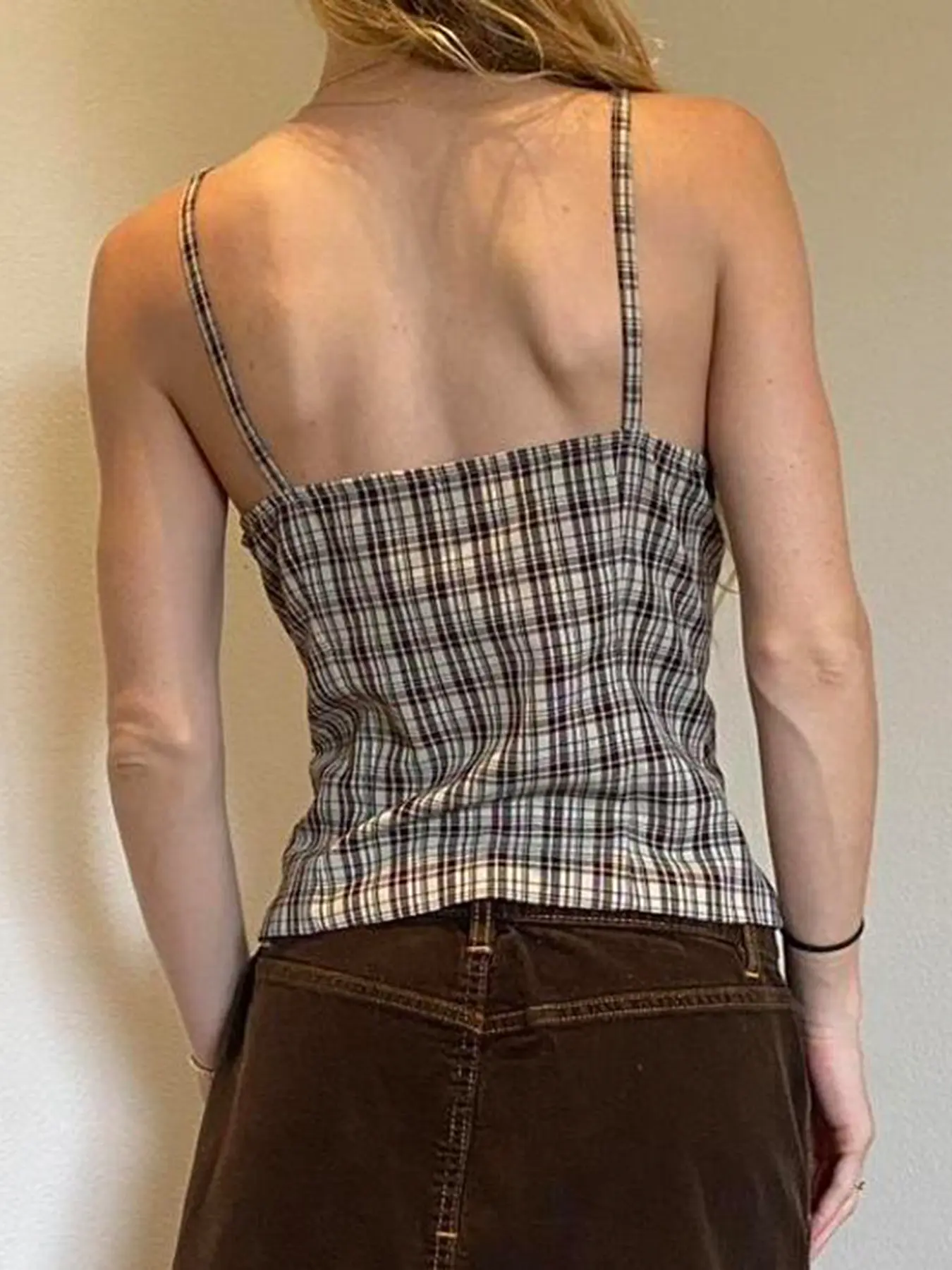 Rockmore Plaid Buttons Slim Tank Top Women Camis Summer Vintage Sweet Holiday Sleeveless Vests Y2K Aesthetic Tank Top