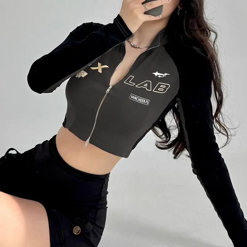Rockmore Patchwork Cropped Jackets for Women Cool Biker Style Streetwear Zipper Up Short Coat Y2K Long Sleeve Cotton Outerwear