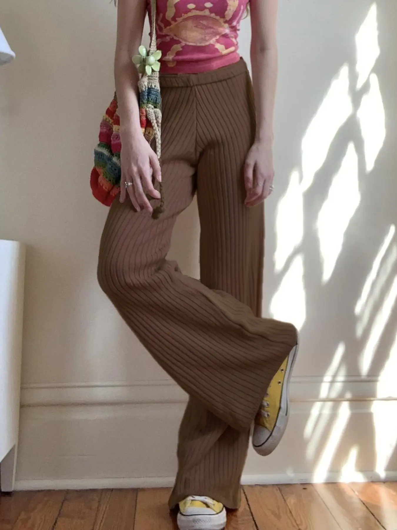 Rockmore Casual Loose Rib Knit Basic Brown Trousers Elegant Fashion Elastic Waist Solid Pant Pantsautumn Winter Women's Clothing