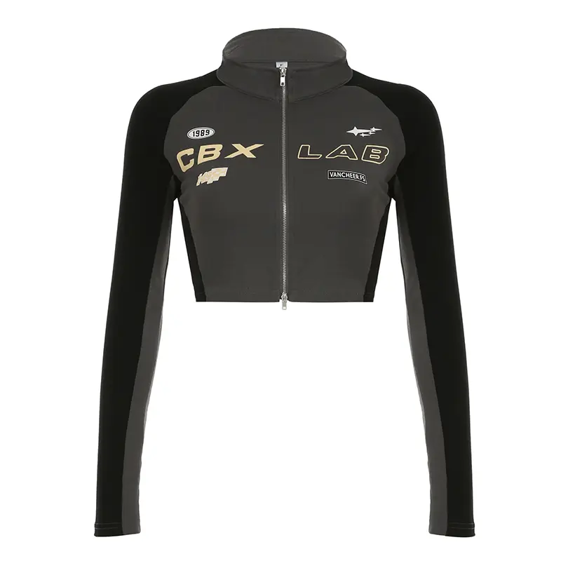 Rockmore Patchwork Cropped Jackets for Women Cool Biker Style Streetwear Zipper Up Short Coat Y2K Long Sleeve Cotton Outerwear