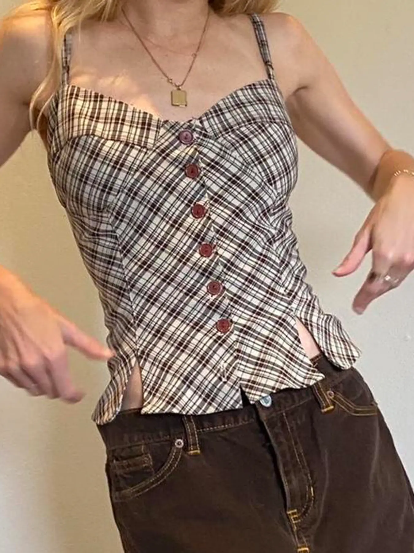 Rockmore Plaid Buttons Slim Tank Top Women Camis Summer Vintage Sweet Holiday Sleeveless Vests Y2K Aesthetic Tank Top