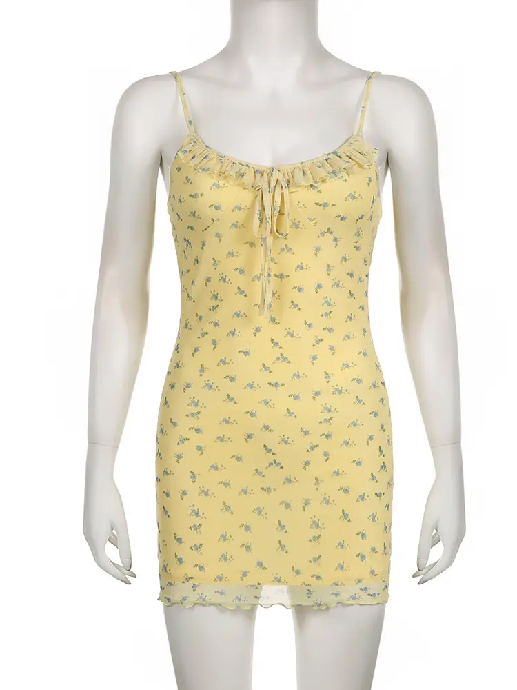Rockmore Mesh Floral Print Dresses Women y2k Aesthetic Skinny Mini Sundress Holiday Beach Party Sexy Spaghetti Straps Dress