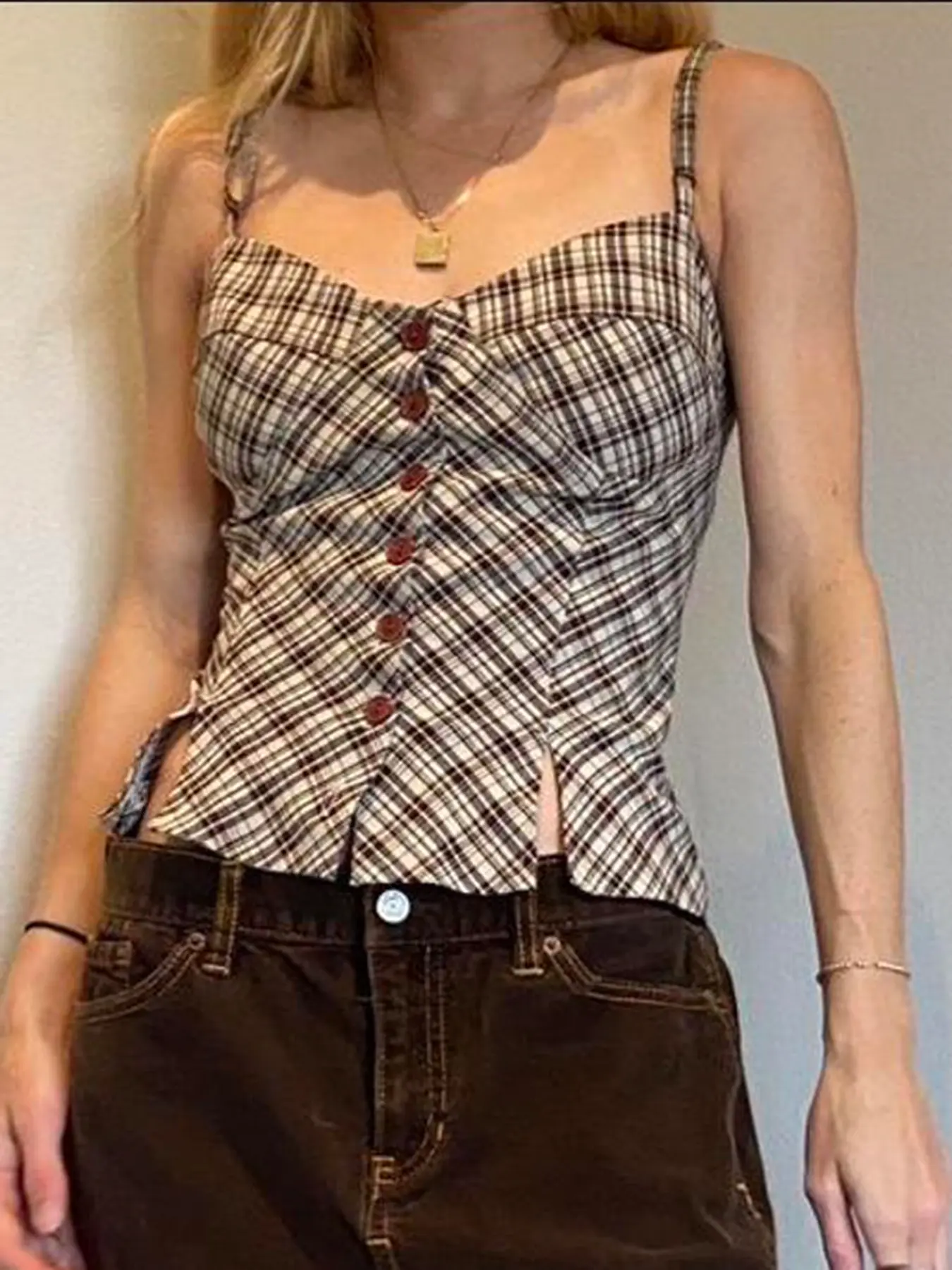 Rockmore Plaid Buttons Slim Tank Top Women Camis Summer Vintage Sweet Holiday Sleeveless Vests Y2K Aesthetic Tank Top
