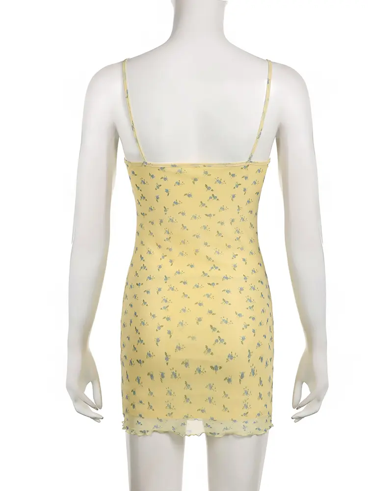 Rockmore Mesh Floral Print Dresses Women y2k Aesthetic Skinny Mini Sundress Holiday Beach Party Sexy Spaghetti Straps Dress