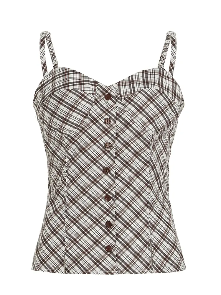 Rockmore Plaid Buttons Slim Tank Top Women Camis Summer Vintage Sweet Holiday Sleeveless Vests Y2K Aesthetic Tank Top