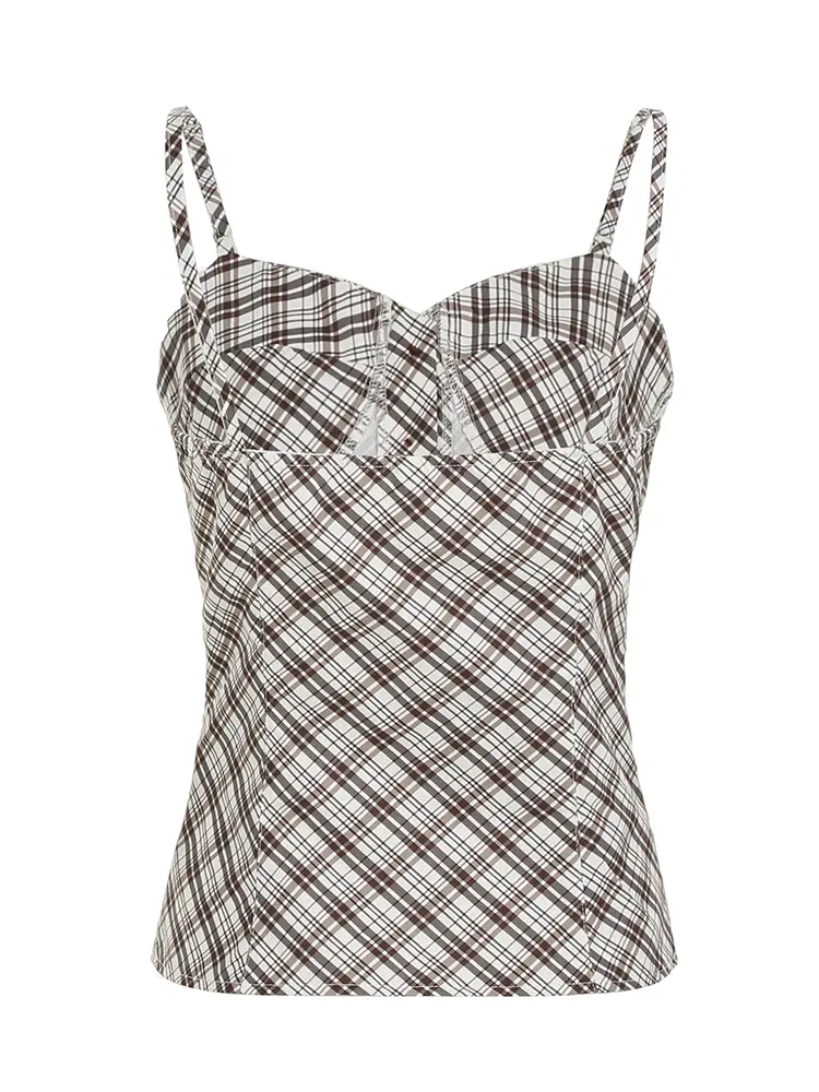 Rockmore Plaid Buttons Slim Tank Top Women Camis Summer Vintage Sweet Holiday Sleeveless Vests Y2K Aesthetic Tank Top