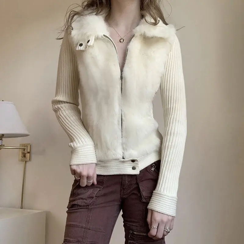 Rockmore Furry Lapel Sweaters Coat Autumn Winter Women Casual Y2K Slimming Zipper Sweater Jacket Korean Female Knitwear