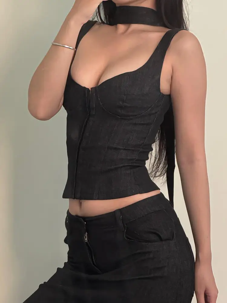 Rockmore Coquette Sexy Milkmaid Crop Top with Ribbon Scarf Y2K Aesthetic Single-breasted Bodycon Camisole Women Retro Streetwear