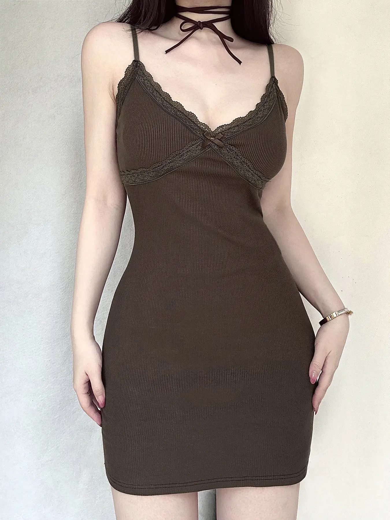 Rockmore Fashion Lace Cross Spaghetti Strap Dress Women Summer Knit Mini Dress Y2K Casual Vacation Backless Solid Slim Sundress