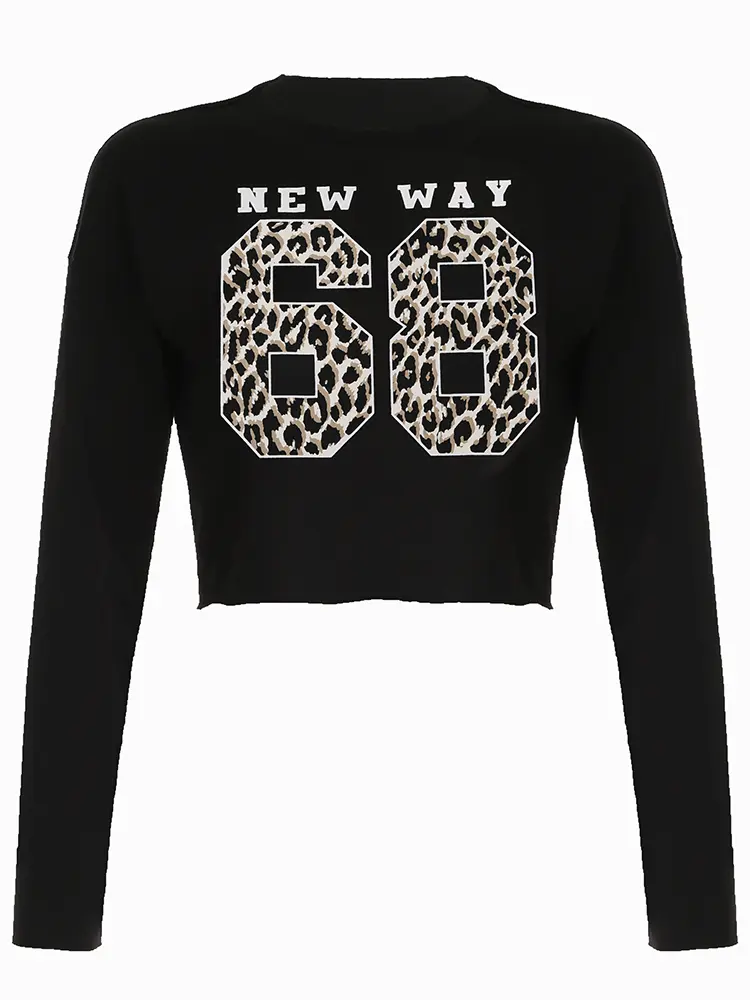 Rockmore Leopard Number Print Sweatshirt for Women Fall Streetwear Long Sleeve Casual Loose Crop Tops Y2K Aesthetic Pullovers
