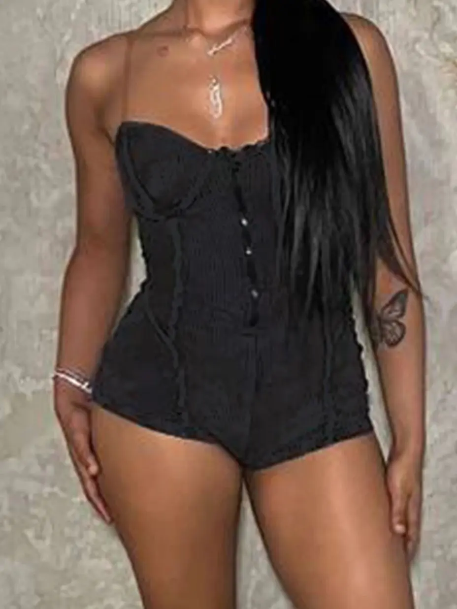 Rockmore Women Rib Knit Cami Romper Spaghetti Straps Jumpsuit Casual Sleeveless Solid Color One Piece Outfit Short Jumpsuits