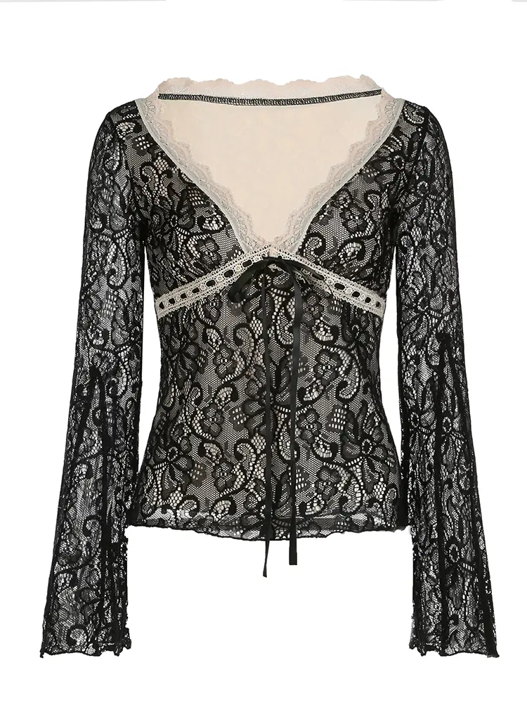 Rockmore Floral Lace Tie Front Flounce Sleeve Women's Top Y2K Aesthetics Deep V Neck Long Sleeve T-Shirt Spring Fall Clothes