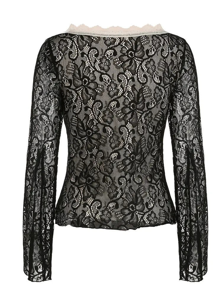 Rockmore Floral Lace Tie Front Flounce Sleeve Women's Top Y2K Aesthetics Deep V Neck Long Sleeve T-Shirt Spring Fall Clothes
