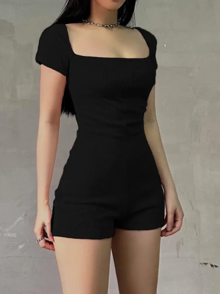 Rockmore Black Jumpsuits for Women Fashion Clothes Ropa De Mujer Short Sleeve Romper One Piece Bodysuit Sexy Bodycon Playsuit