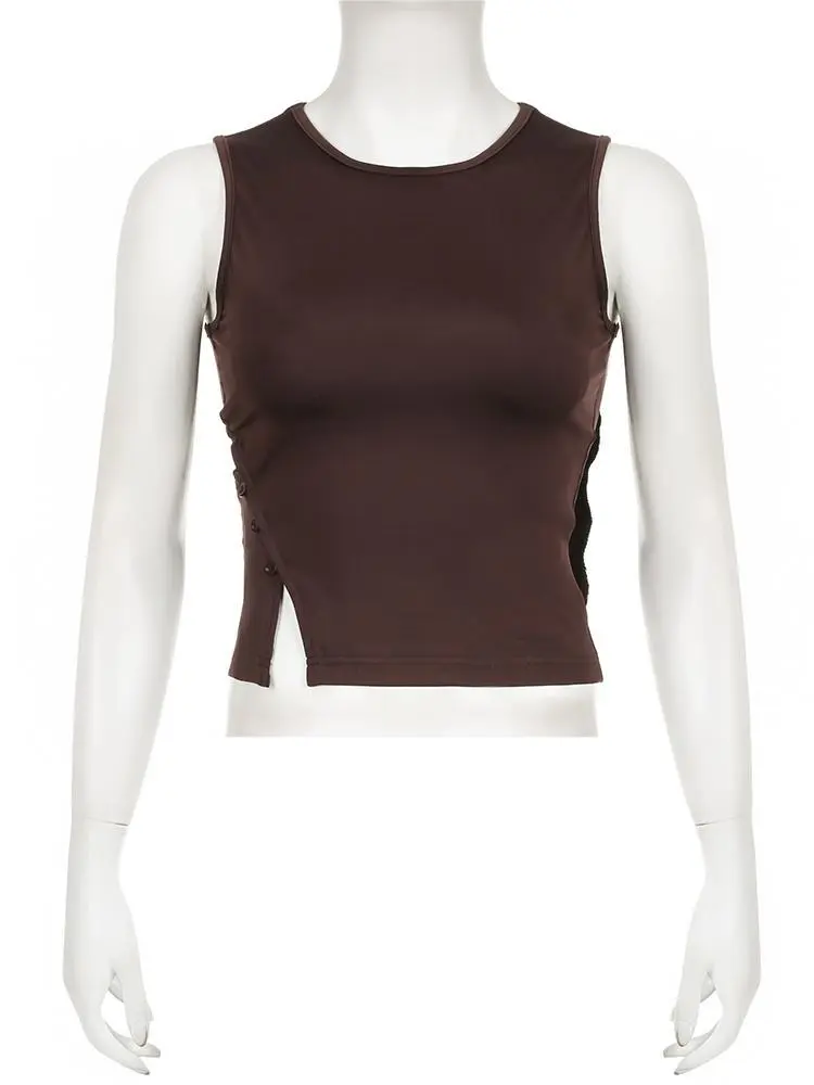 Rockmore Button Up Cutout Design Tops Sleeveless Women Y2K Streetwear Solid Basic Ribbon Patchwork Tank Top 2024