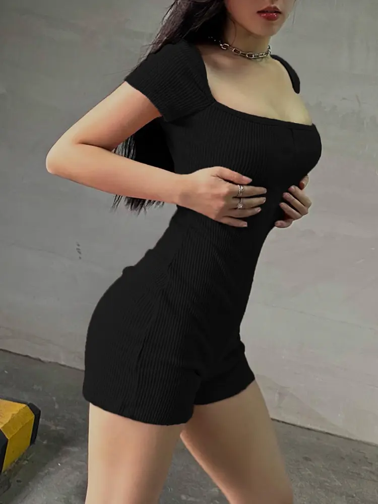 Rockmore Black Jumpsuits for Women Fashion Clothes Ropa De Mujer Short Sleeve Romper One Piece Bodysuit Sexy Bodycon Playsuit