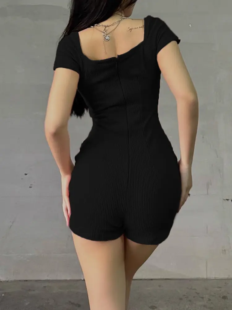 Rockmore Black Jumpsuits for Women Fashion Clothes Ropa De Mujer Short Sleeve Romper One Piece Bodysuit Sexy Bodycon Playsuit