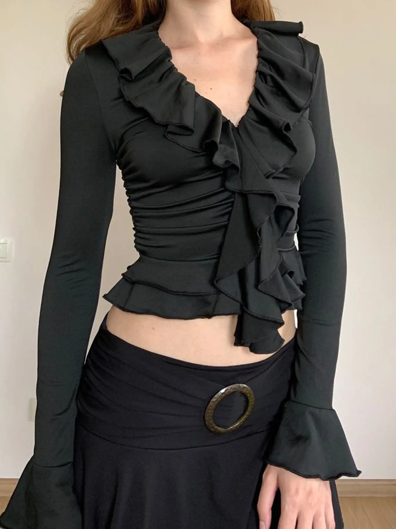 Rockmore Ruffles Frill V Neck Crop Tops Women Black Flare Sleeve T-Shirt Korean Fashion Casual Autumn Y2K Streetwear Slim Tee