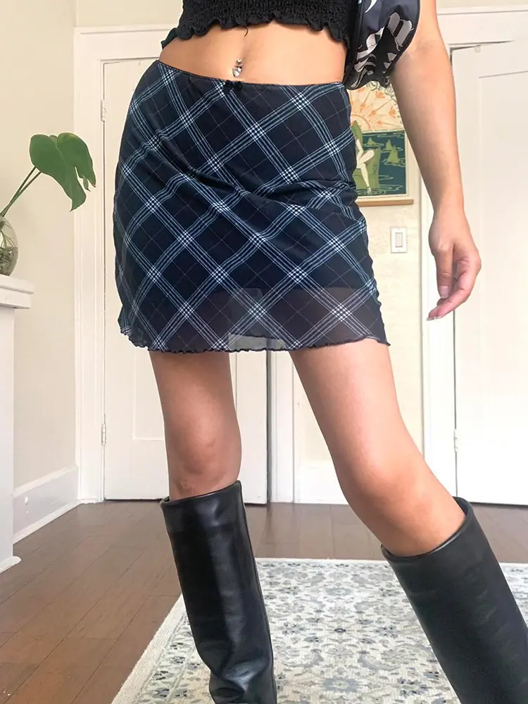 Rockmore Y2K Aesthetic Plaid Mesh Double Layer Skirt Vintage Low Waist Straight Slim Mini Skirts Cutecore Korean Chic Skirts New