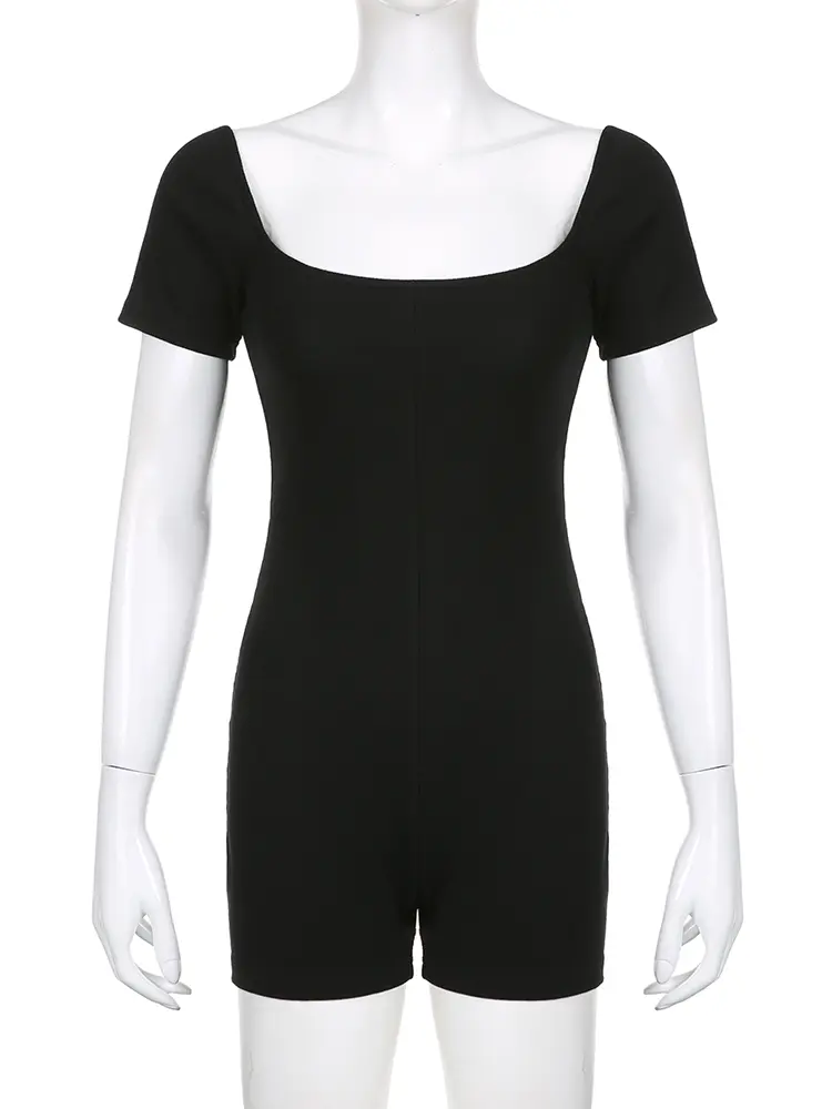Rockmore Black Jumpsuits for Women Fashion Clothes Ropa De Mujer Short Sleeve Romper One Piece Bodysuit Sexy Bodycon Playsuit