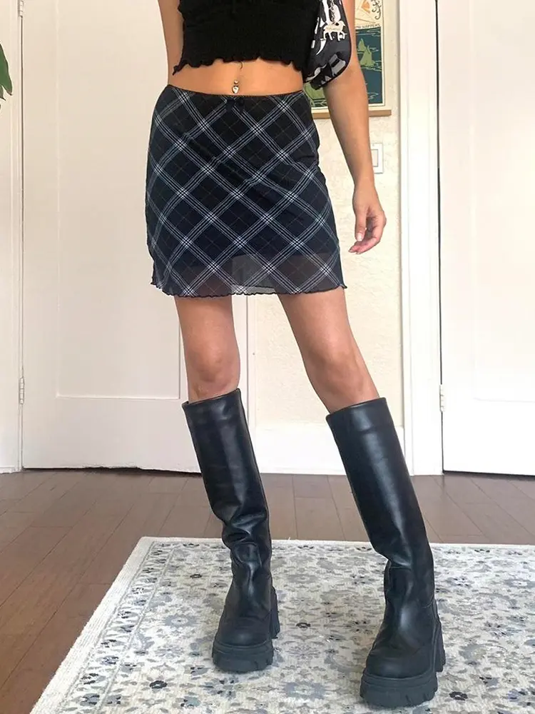 Rockmore Y2K Aesthetic Plaid Mesh Double Layer Skirt Vintage Low Waist Straight Slim Mini Skirts Cutecore Korean Chic Skirts New