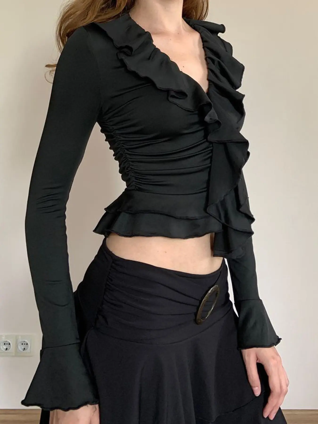 Rockmore Ruffles Frill V Neck Crop Tops Women Black Flare Sleeve T-Shirt Korean Fashion Casual Autumn Y2K Streetwear Slim Tee