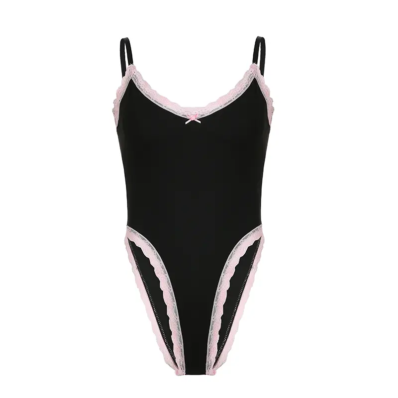 Rockmore Lace Frill Bodysuit Y2K Black Spaghetti Straps Body Tops for Women Sexy Club Rave Party Body Suit Aesthetic Coquette