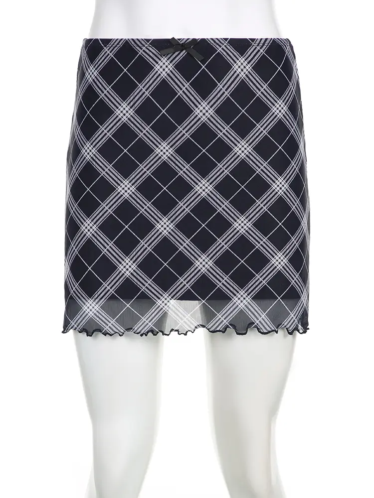 Rockmore Y2K Aesthetic Plaid Mesh Double Layer Skirt Vintage Low Waist Straight Slim Mini Skirts Cutecore Korean Chic Skirts New
