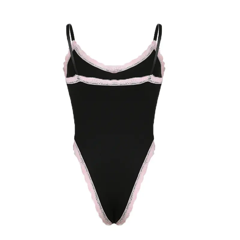 Rockmore Lace Frill Bodysuit Y2K Black Spaghetti Straps Body Tops for Women Sexy Club Rave Party Body Suit Aesthetic Coquette