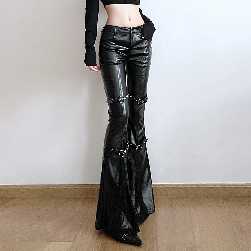 Rockmore Faux Leather Flare Pants for Women Low-Waisted Cargo Trousers Streetwear Gothic Fashion Button Straps PU Bottoms 2025