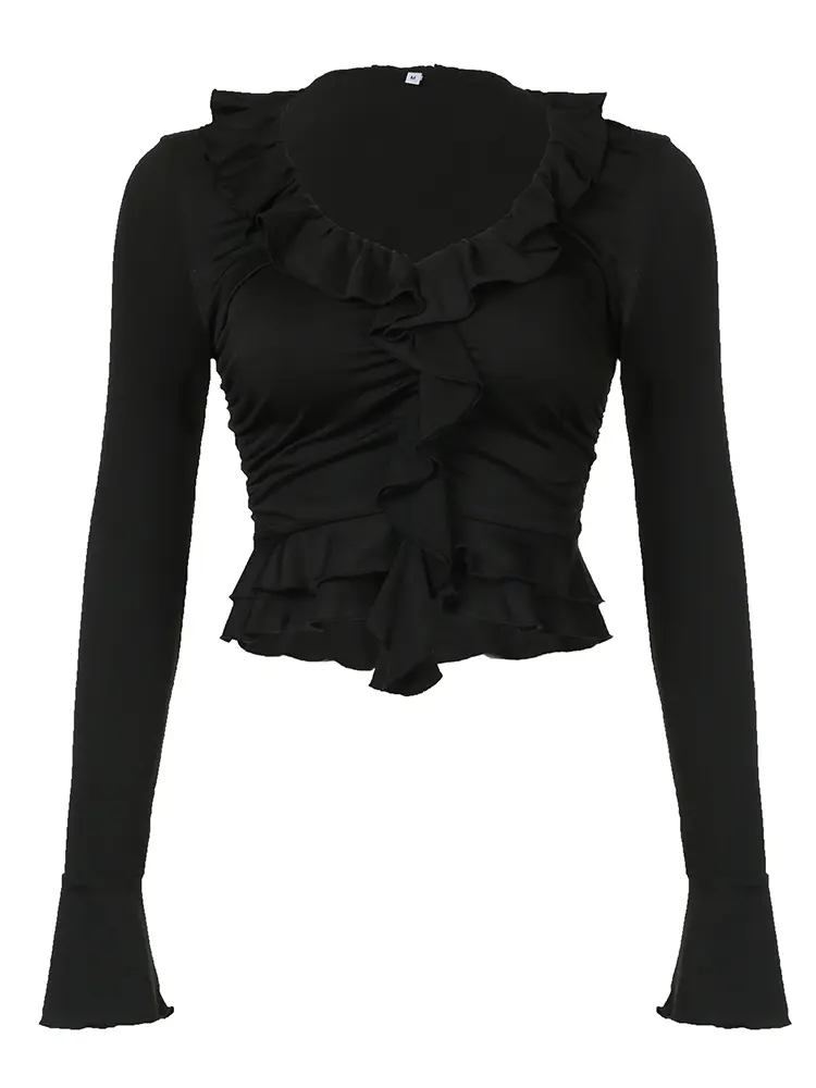 Rockmore Ruffles Frill V Neck Crop Tops Women Black Flare Sleeve T-Shirt Korean Fashion Casual Autumn Y2K Streetwear Slim Tee