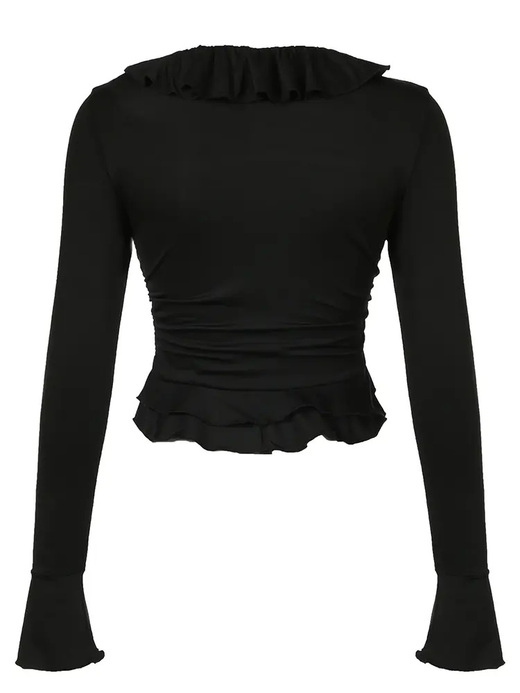 Rockmore Ruffles Frill V Neck Crop Tops Women Black Flare Sleeve T-Shirt Korean Fashion Casual Autumn Y2K Streetwear Slim Tee