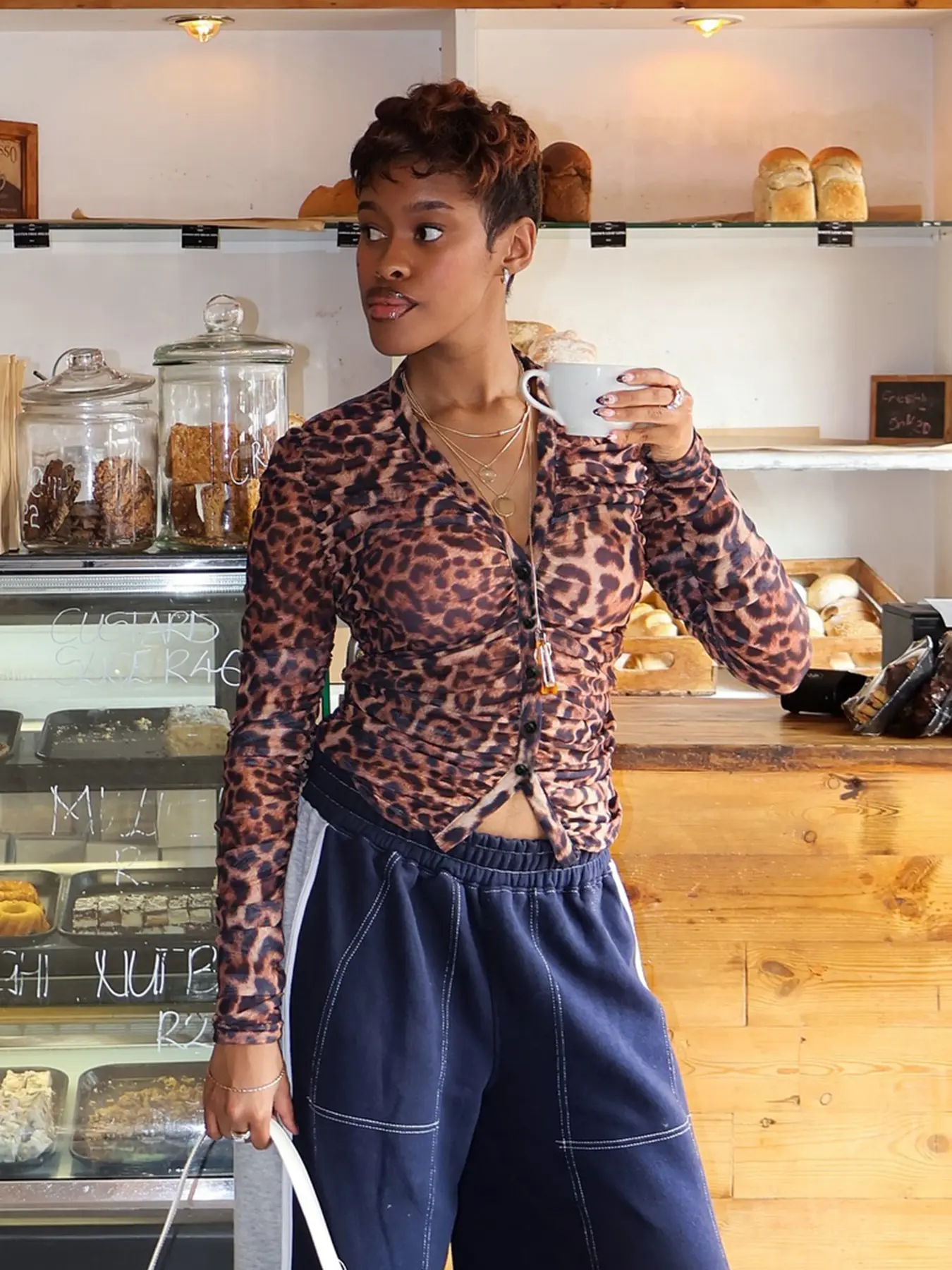 Rockmoer Leopard Print Mesh Shirts Female Sexy See Through Frill Long Sleeve Women Cardigan V Neck Tops Y2K Retro Slim Blouses