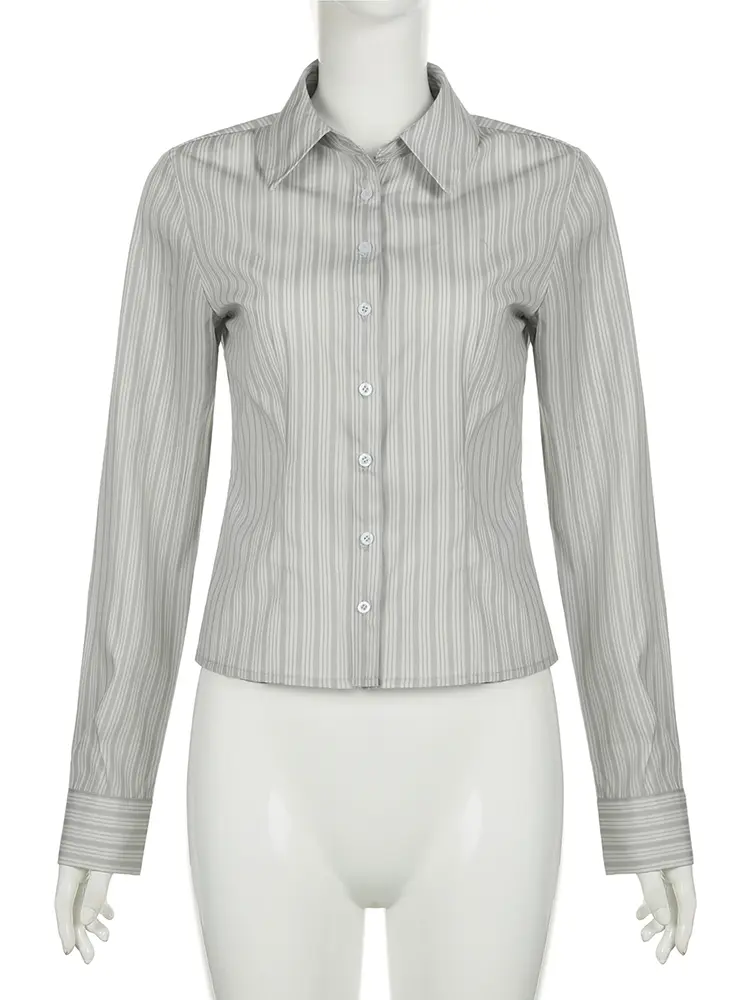Rockmoer Fashion Striped Blouses Office Ladies Y2K Aesthetic Vintage Buttons Up Lapel Collar Shirts Women Korean Casual Tops