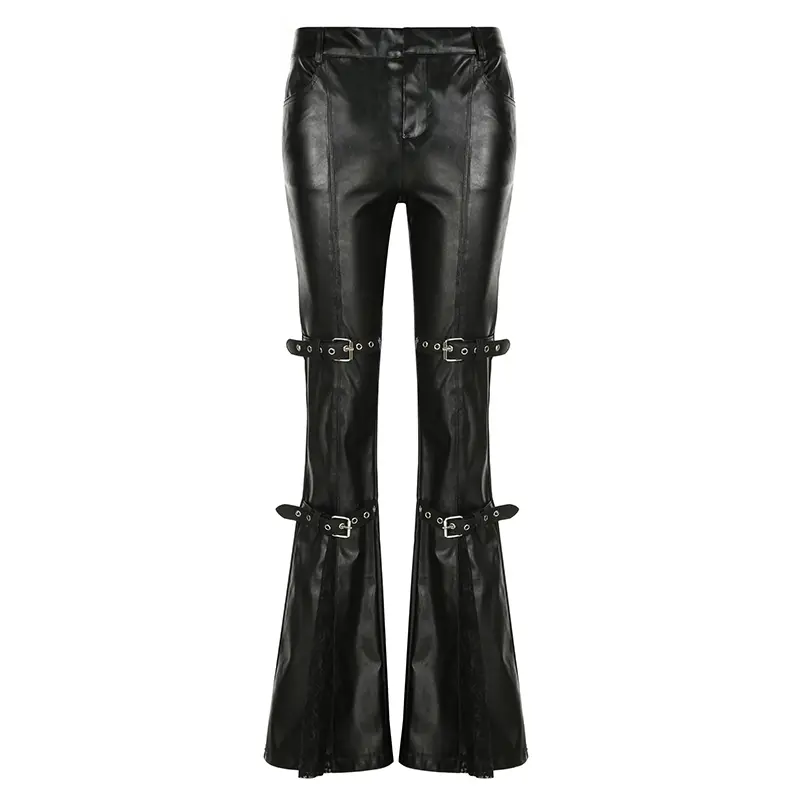 Rockmore Faux Leather Flare Pants for Women Low-Waisted Cargo Trousers Streetwear Gothic Fashion Button Straps PU Bottoms 2025