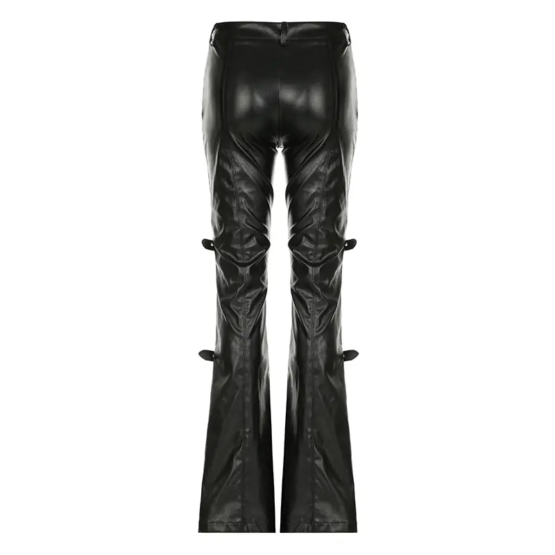 Rockmore Faux Leather Flare Pants for Women Low-Waisted Cargo Trousers Streetwear Gothic Fashion Button Straps PU Bottoms 2025