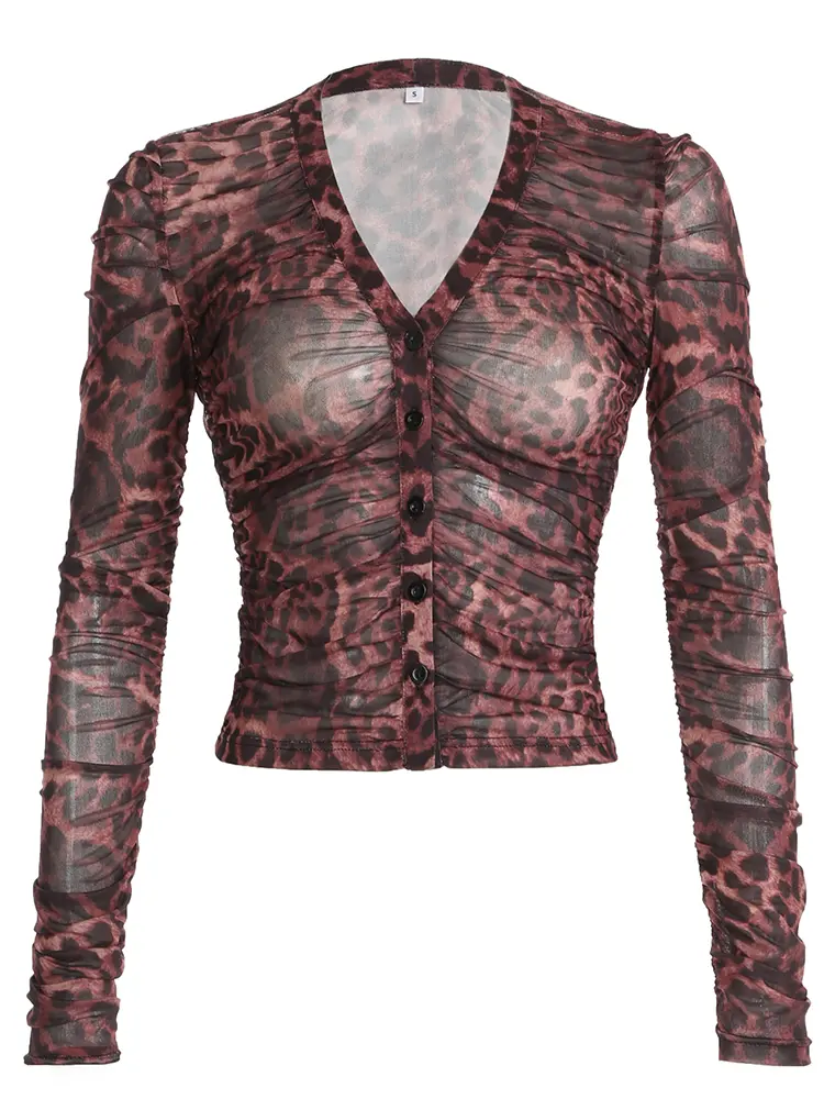 Rockmoer Leopard Print Mesh Shirts Female Sexy See Through Frill Long Sleeve Women Cardigan V Neck Tops Y2K Retro Slim Blouses