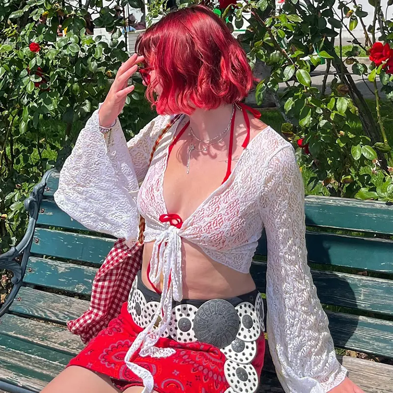 Rockmore Y2K Solid Flared Sleeve Cardigan Casual Lace-up Beach Cover-Ups Coquette White Long Sleeves Shirts Sunscreen Outwear